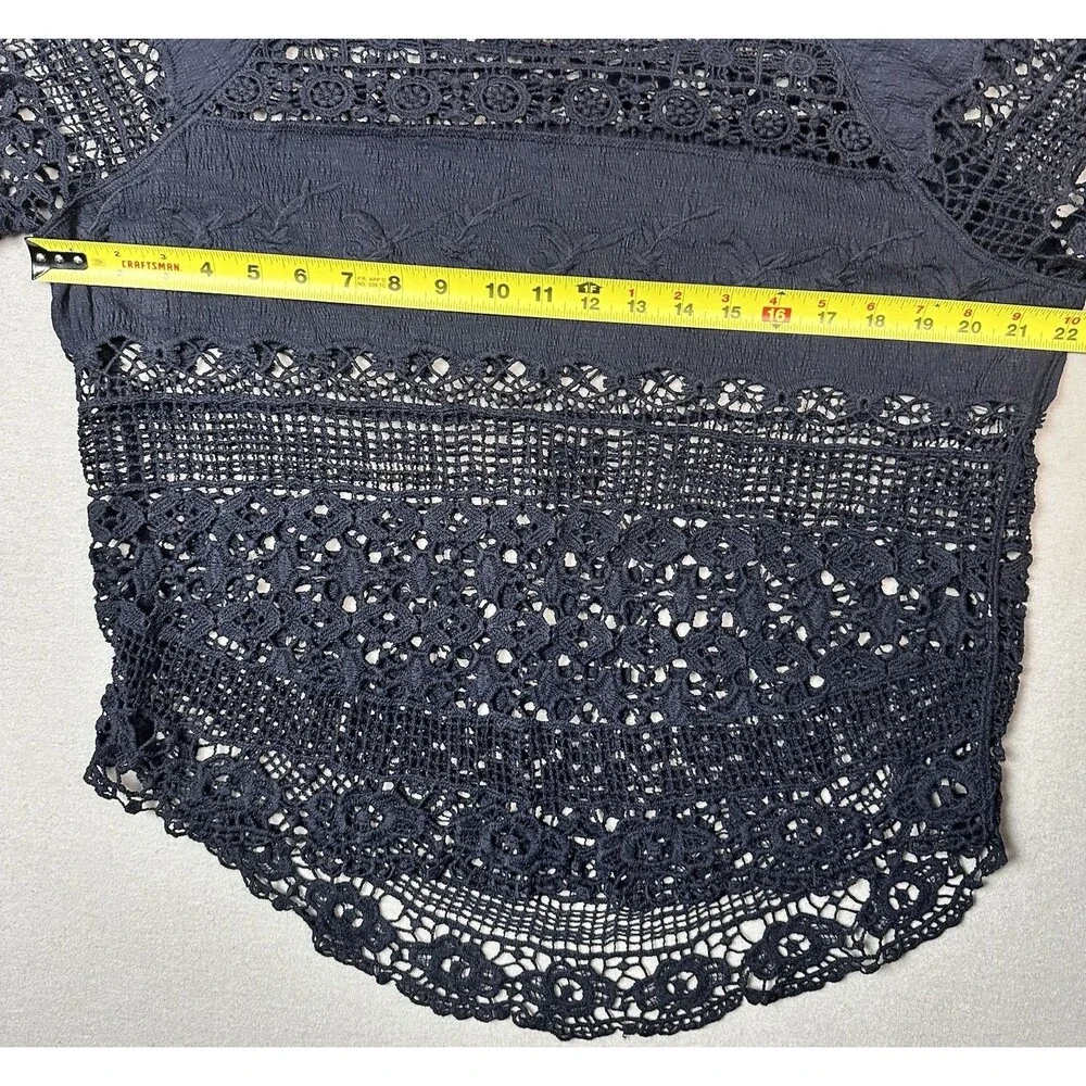 Anthropologie Deletta Crochet Lace Top Navy Blue Sz L Witchy Boho Coquette